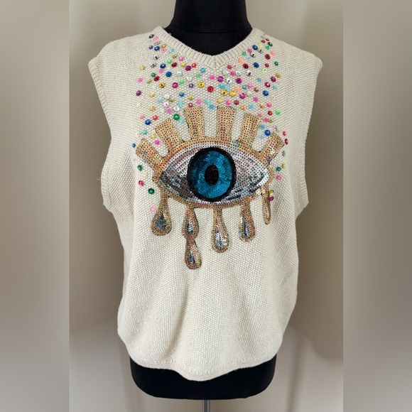 Vintage Upcycled Embroidered Boho Sequined Evil Eye Sweater Vest Tank Top NWOT - Picture 8 of 8
